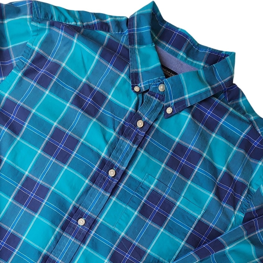 American Eagle Outfitters Mens XL Prep Fit Plaid Button Down Shirt Teal Blue